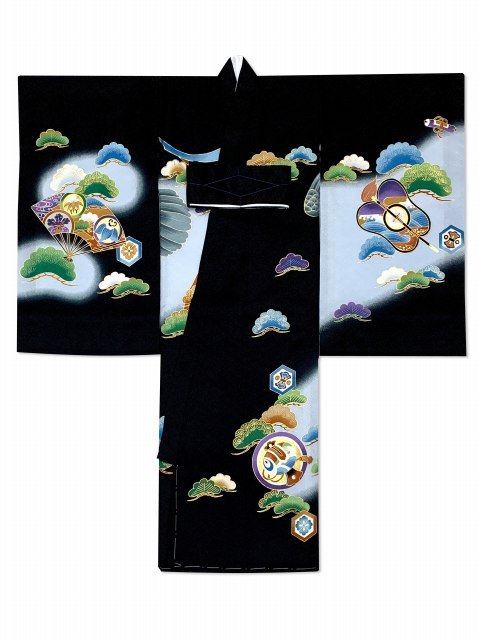 お宮参り 男の子 正絹 着物 金駒刺繍 赤ちゃんのお祝い着 初着 産着 襦袢付き「黒地、鷹」HBU377 購入 販売