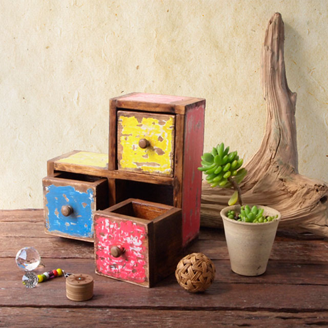 『アジアン・エスニック雑貨　置物/オブジェ』引出し3個/チェスト ステア 【即納】 小物入れ