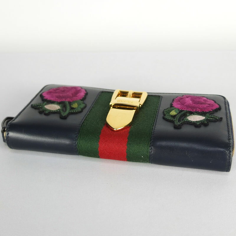 グッチ GUCCI シルヴィ エンブロイダリー コンチネンタルウォレット 476083　ラウンドファスナー長財布　ネイビー　ゴールド金具　レディース 【中古】