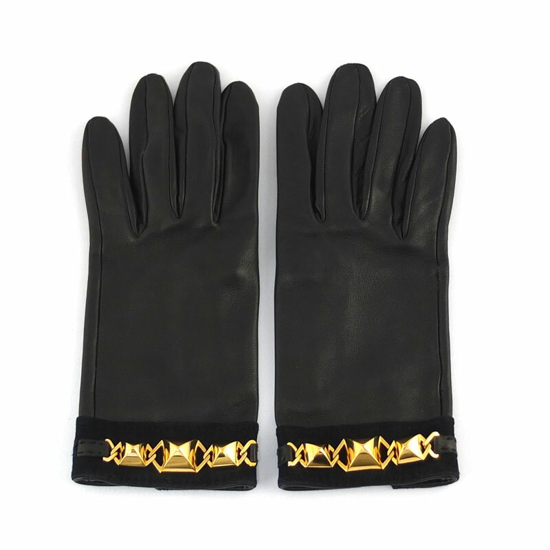 エルメス HERMES メドール グローブ 手袋 ブラック ゴールド金具 レザー レディース 【中古】
