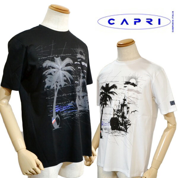 楽天Golf＆Mens Fashion セブンエビス【送料無料】【50％OFFセール】 カプリ capri メンズ ブランド Tシャツ 半袖 服 白 黒 春夏 ヤシの木 リゾート柄 2231-2591