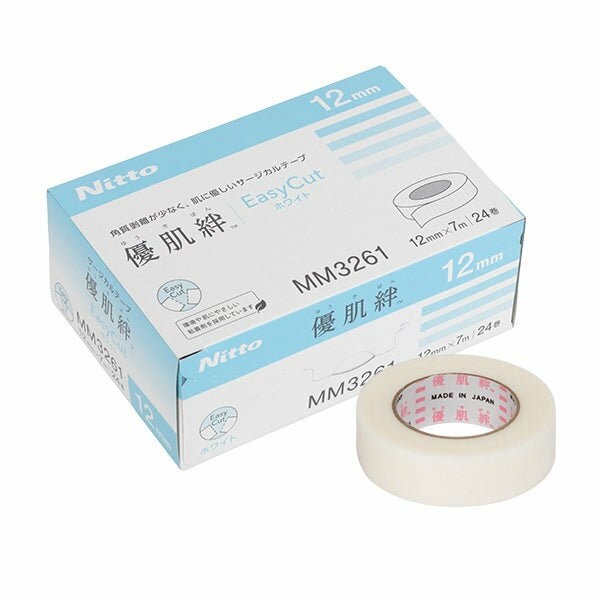 日東メディカル 優肌絆 EasyCut ホワイト 12mm×7m 24巻入り サージカルテープ ニトムズ 優肌絆 不織布 幅12mm×長さ7m 24巻 まつげエクステ まつ毛エクステ まつエク マツエク まぶた 保護 固定 テープ