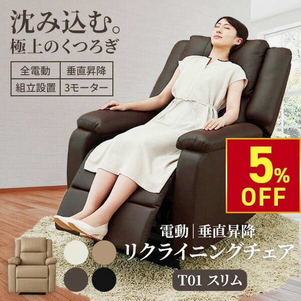 【5%OFFクーポン!2/10 (火) 1:59まで】 電動 垂直昇降 リクライニングチェア T01 スリム ジュニアタイプ 3モーター 全電動 昇降10秒 組立設置付 高反発シート アイラッシュ ネイル 美容 施術用 チェア