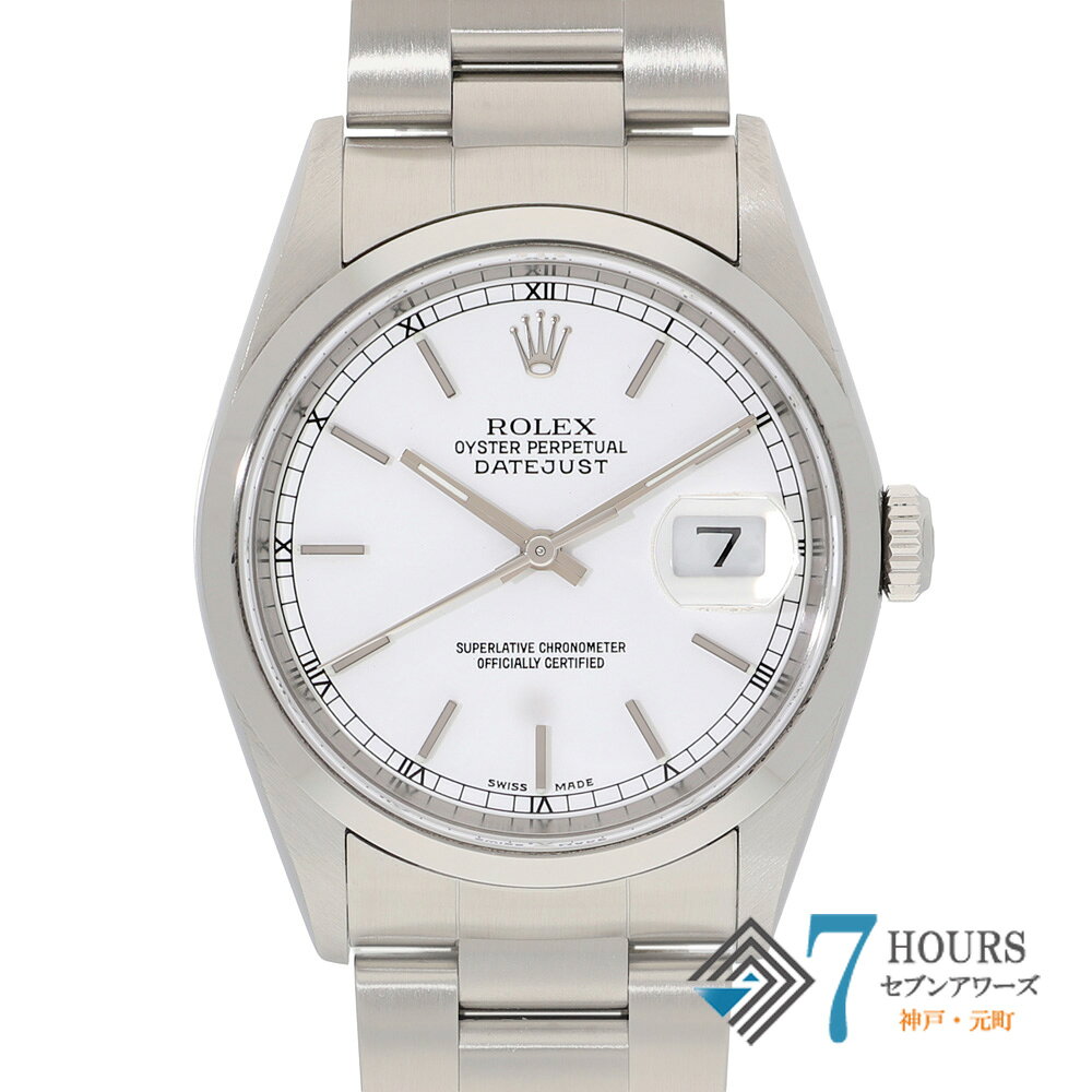 商　品　詳　細 取扱店舗 心斎橋　06-6210-1556 管理番号 148234 ブランド ROLEX／ロレックス 商品名 デイトジャスト36 型　番 16200 シリアル Y番 文字盤 ホワイト 性　別 メンズ 素　材 ステンレス 動　作 自動巻き サイズ ケース：(約) W:36mm腕周り：(約)18.0cm 付属品 ギャランティーカード(2004年4月) 純正ボックス モデル情報 デイトジャストは1945年に発売され、現在も人気の高いロレックスの代表的なモデルの一つです。 デイトジャストは様々なサイズやデザインがあり、文字盤や針、インデックスなどのディテールにも様々なバリエーションがあり、多くのユーザーに愛される理由の一つとなっています。 こちらはオイスターブレスレット、ホワイトダイヤルで飽きのこない洗練されたデザインが魅力の一本となっております。 免責事項 ※新品・未使用品の商品画像は、同一モデルの画像を使用し掲載致しております。メーカー保護シールの有無に個体差がございますのでご了承下さいませ。また、メーカーにてマイナーチェンジがなされる場合がございますが、在庫品の仕様で販売させていただきますので予めご了承の程お願いいたします。尚、中古品、アンティーク品につきましては現品を撮影しております。 ※光の加減やモニターの設定により、実際の商品と色目が異なる場合がございます。 ※シリアルナンバーや限定番号につきましては、プライバシーの関係上WEBへの掲載を控えております。またお電話でお問い合わせ頂きましてもお答えできません。 ※当店では店頭販売も行っております為、サイトでのご注文と店頭処理との時間差で在庫切れになる場合がございます。予めご了承くださいませ。 また、ご来店にてご購入を希望される場合にも、事前に在庫の確認をお電話かメールにてお問い合わせいただけますようお願いいたします。※現在店頭にて展示中の為、詳細以外の小傷等がある場合もございます。 コンディション 商品ランク Aランク 日　差 +8 オーバーホール - 仕　上 2026年8月 状態コメント 【ガラス】目立つキズもなく綺麗な状態です。 【ベゼル】光の反射加減により微細なキズが見受けられます。 【リューズ】ルーペで見て微細なキズが見受けられます。 【ケース】光の反射加減により微細なキズが見受けられます。 【ブレス】光の反射加減により微細なキズが見受けられます。 【付属品】外箱に擦れキズが見受けられます。 その他部分につきましては特に記載するキズ、打痕、腐食、使用感等はございません。 その他の気になる点、商品詳細についてのお問い合わせ等がございましたらお気軽に取扱店舗にご連絡ください。 商　品　ラ　ン　ク N 一度も使用されていない状態 S 一度も使用されていないが、コマ調整跡がある状態 A 中古品ですが、目立った大きなダメージのない状態 B 中古品の為、小キズ等が見受けられる状態 C 中古品の為、全体的に目立ったキズ等が見受けられる状態 J ジャンク品・難ありの状態