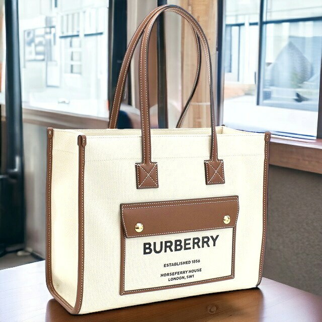 ＼5/20限定★全品10%OFFクーポンにさらに+3倍／ バーバリー トートバッグ レディース ブランド BURBERRY コットン イタリア 8044138 NATURAL-TAN ホワイト系 ブラウン系 バッグ