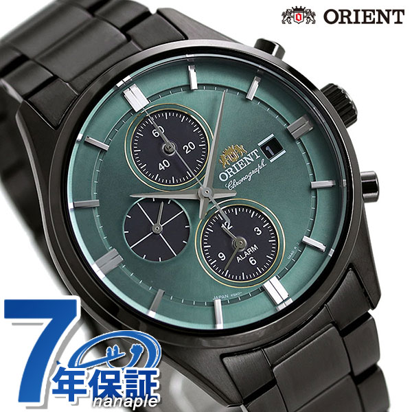 入荷時期未定予約受付中 正規品 7年保証キャンペーン 送料無料 オリエント コンテンポラリー クロノグラフ 日本製 ソーラー メンズ 腕時計 RN-TY0001E ORIENT CONTEMPORARY CHRONOGRAPH アナログ グリーン×ブラック ◆コンテンポラリーコレクションからトレンドのカラーやオリエントらしいダイヤルを採用したライトチャージ搭載モデルが登場。ソーラーと同じ、太陽や蛍光灯などの光を電気エネルギーに換えて駆動するライトチャージ搭載。ダイヤルはすっきりとしたバーインデックスと針を合わせたシンプルデザインに、オリエントらしいグリーンのカラーリングを採用しました。ロゴマークに金色の挿し色でアクセントに。小ぶりなケースデザインも魅力的。カジュアルからスーツスタイルまでシーンを選ばず腕元を飾ります。 Made in Japan 発売日：18年5月発売メーカー希望小売価格はメーカーサイトに基づいて掲載していますオリエント クロノグラフ ライトチャージ RN-TY0001E クロノグラフ ソーラー 腕時計 メンズ グリーン ブラック CONTEMPORARY 防水 品番RN-TY0001E駆動方式ライトチャージ（KSA00）素材：ケースステンレススチール（グレー色めっき）素材：ベルトステンレススチール（ピン式）風防無機ガラス文字盤カラーグリーンベルトカラーブラックサイズ（縦&times;横&times;厚）約46×39×12mmかん幅約20mmベルト腕周り約14-20cm重さ約114g仕様日常生活用強化防水（10気圧）平均月差±15秒以内駆動時間：フル充電約6ヵ月日付表示クロノグラフ（60秒計）スモールセコンドアラーム日本製付属品保証書・専用ボックス※環境負荷低減の取り組みの一環として、取扱説明書はデジタル化となりました。詳細は付属のシートをご確認ください。保証メーカーにて一年保証▼ご一緒にいかがですか？→サイズ調整→ギフトラッピング→名入れ・刻印→発送前 新品電池交換・商品と一緒にご注文下さい・各種サービスは一部対応不可商品がございます詳細は各サービスページをご参照くださいORIENTの商品一覧はこちら♪