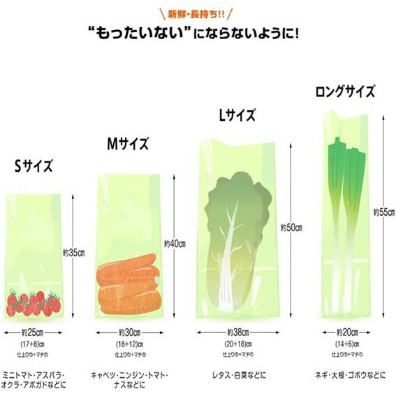 【5と0の日クーポンあり！】日本製 愛菜果 選べる4サイズ (S/M/L/ロング) 野菜 果物 鮮度 新鮮 保持袋 鮮度キープ 長持ち あいさいか 7RabbitRiograndeオリジナルステッカー付 【商標登録番号 第6667215】(Sサイズ×4個) 野菜 果物 鮮度保持袋 キッチン用品 食材保存用 2