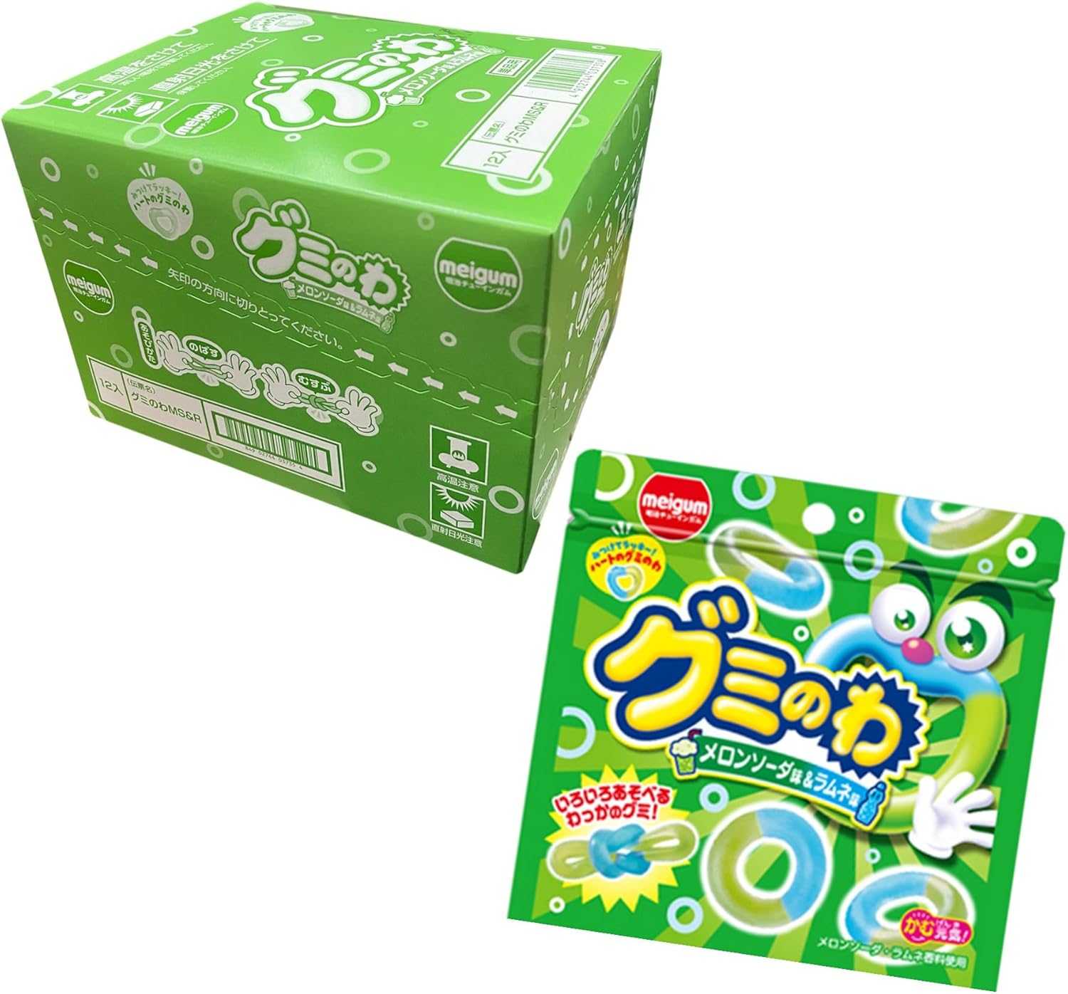 商品の説明 グミのわ メロンソーダ味&ラムネ味 原材料・成分 水あめ（国内製造）、砂糖、ゼラチン、食用油脂、でん粉／ソルビトール、酸味料、加工デンプン、香料、着色料（フラボノイド、クチナシ）、光沢剤、（一部にゼラチンを含む）