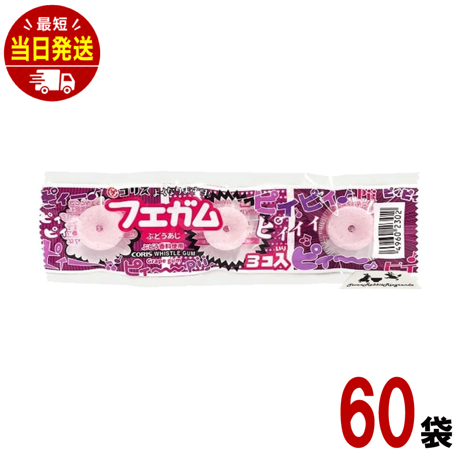 コリス フエガム ガム 3個入 × 60個 (2箱 セット) ぶどう 味 グレープ まとめ買い 箱買い 大容量 お菓子 駄菓子 縁日 笛ガム (60個入り)