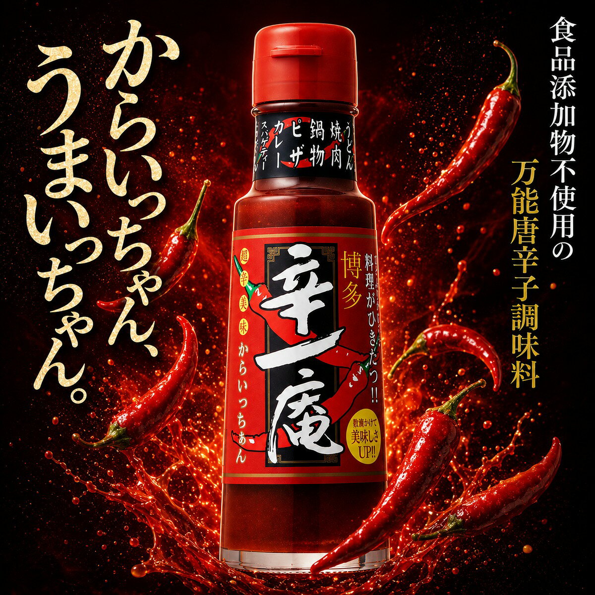 厳選赤唐辛子を独自配合で仕上げた ちょい足しで料理が変わる 博多生まれの万能唐辛子調味料 130g 厳選した赤唐辛子原料をベースに、福岡市の老舗ソースメーカー・コックソース独自の配合で、色々なお料理にマッチするよう作った万能唐辛子調味料です。原材料は赤唐辛子、砂糖、醸造酢、食塩のみ。食品添加物は不使用で、素材の辛さとうまみをそのままお届けします。 「辛一庵」は"からいっちゃん"と読みます。"からいっちゃん"="からいんだよ"というニュアンスの博多の方言で、開発者の福岡愛から名付けられました。名前の通り、ピリッと効く辛さが自慢です。 鍋、うどん、カレー、焼きそば、中華丼、ピザ、餃子のたれなどにちょい足しするだけで、いつもの料理がグッと引き締まる味わいに。卓上に置きやすい130gサイズで、辛いもの好きの方への博多土産・プチギフトにもおすすめです。