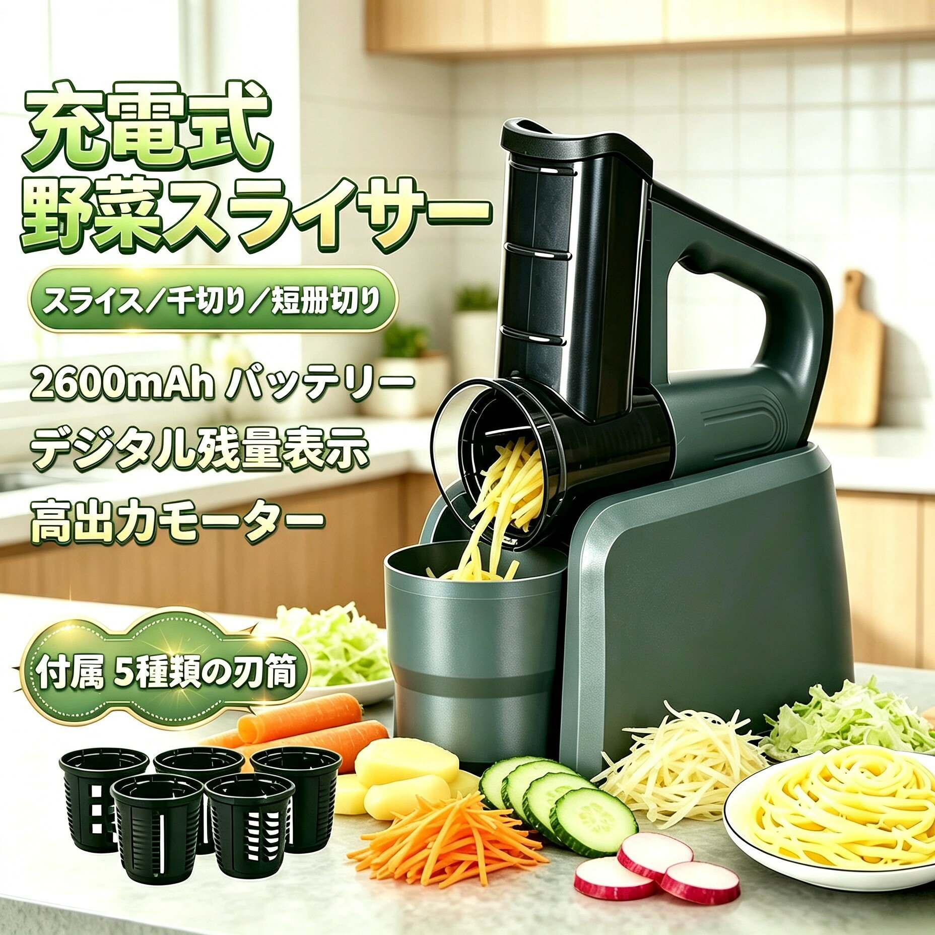 【時短調理】充電式電動野菜スライサー 5 種類替え刃付き 無段変速 大口径投入口 千切り・スライス・花型カット コードレス キッチン多機能カッタースライサー 5 種類替え刃付き 無段変速 大口径投入口 千切り・スライス・花型カット コードレス キッチン多機能カッター