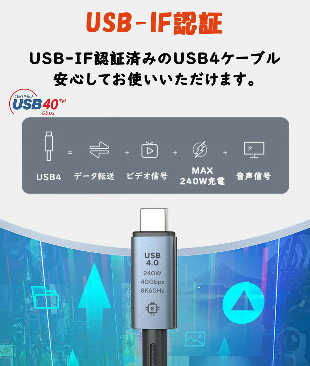 858shop USB4 ケーブル PD 240W USB-C充電ケーブル 0.3m 0.5 1m 1.5m Gen3 x2 Type-C to Type-C Cable Thunderbolt 4 対応 映像出力 eMarker 【USB-IF認証取得】 8K@60Hz / 2つ4K@60Hz 40Gbps 48V/5A USB C パソコン PC タブレット iPhone15シリーズ対応