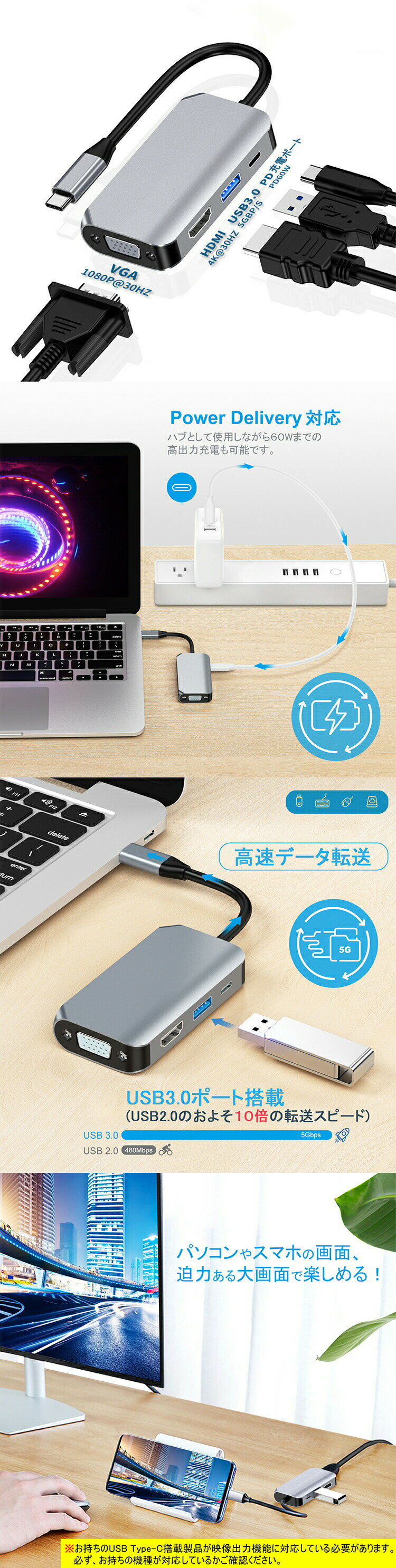 858shop 【楽天ランキング1位受賞】 USB Type-C HDMI VGA 変換アダプター ハブ 4in1 USB3.0 PD 60W 急速充電 高速データ スマホ テレビ..