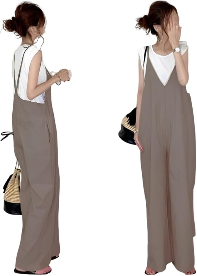 Rakuten - サロペット レディース 韓国 オールインワン ワイドパンツ ロング キャミサロペット 着痩せ 無地 Vネック 体型カバー ゆったり