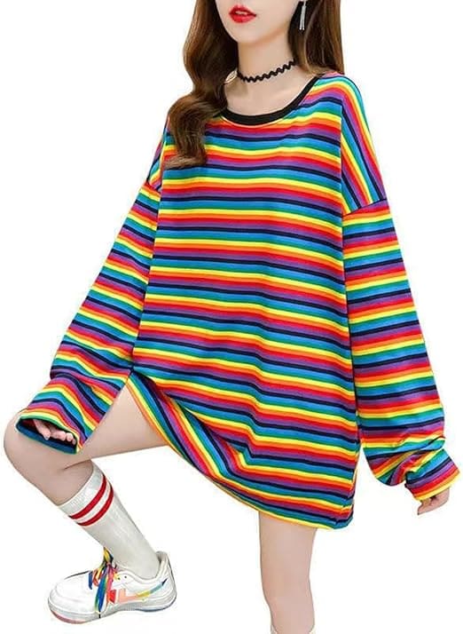 レインボー ロンT 韓国 大きめ ゆったり 気痩せ 原宿 レディース ボーダー 長袖 マルチカラー オーバー..