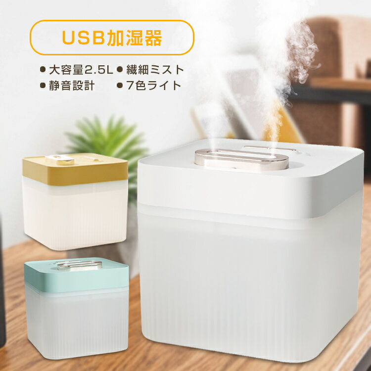 加湿器 2.5L大容量 USB加湿器 アロマ 7色ライト付き アロマディフューザー 静音 ダブルノズル 2つ吹き出し口 空焚き防止 自動停止 秋冬乾燥対策 オフィス 学校 家庭 リビング ダイニング 綿棒2本 日本語説明書付き プレゼント おしゃれ コンパクト 送料無料