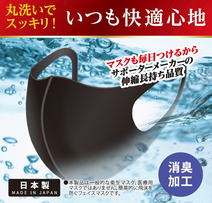 【スーパーセール期間ポイント5倍】【アウトレット】サポーターメーカーの洗える伸縮マスク 消臭 立体 ブラック