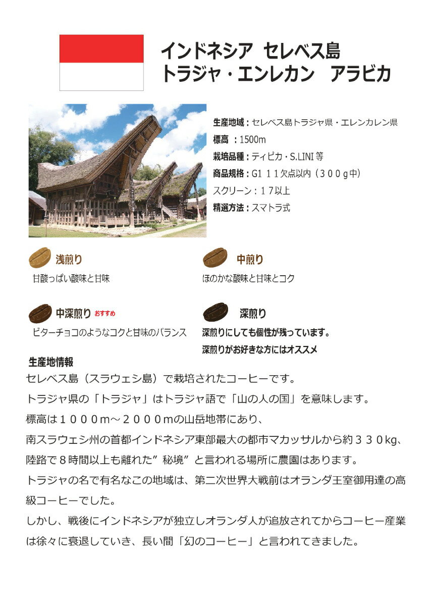宅配便【コーヒー生豆】インドネシア　セレベス島トラジャ・エレンカレン アラビカ　＜内容量＞1kg～10kg　家庭用 自家焙煎用 3