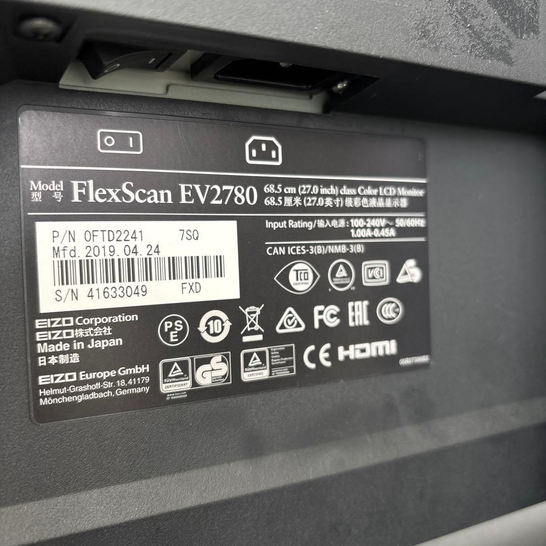 EIZO FlexScan EV2780 27インチ 4K対応モニター HDMI/DisplayPort/USB-C 使用3089H ブラック 中古