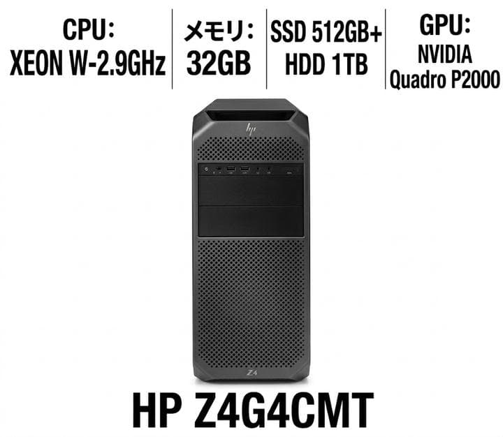 【中古】 【動作未確認】 HP Z4G4CMT デスクトップPC XeonW-2102-2.9GHZ メモリ32GB（8GB×4） SSD512GB+HDD1000GB NVIDIA Quadro P2000 Windows 10 Pro