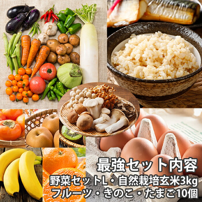 最強セット 「セット内容 自然栽培メインの野菜セット Lサイズ 自然栽培玄米3kg 減農薬フルーツ きのこ 平飼いたまご」 無肥料 オーガニック おまかせ　野菜セット野菜　お取り寄せ　　自然農法 化学肥料 農薬不使用 無農薬 キノコ タマゴ 果物 詰め合わせ