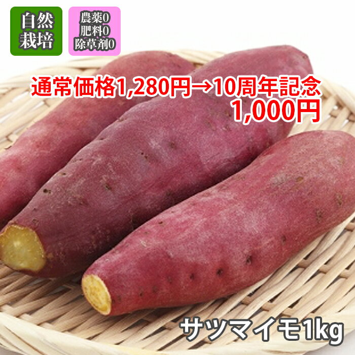 【10周年記念280円割引中】無農薬 自然栽培「 サツマイモ 」【 1kg 】～埼玉県産　※常温発送可　埼玉県産　3980円以上送料無料 無肥料 無除草剤 お正月