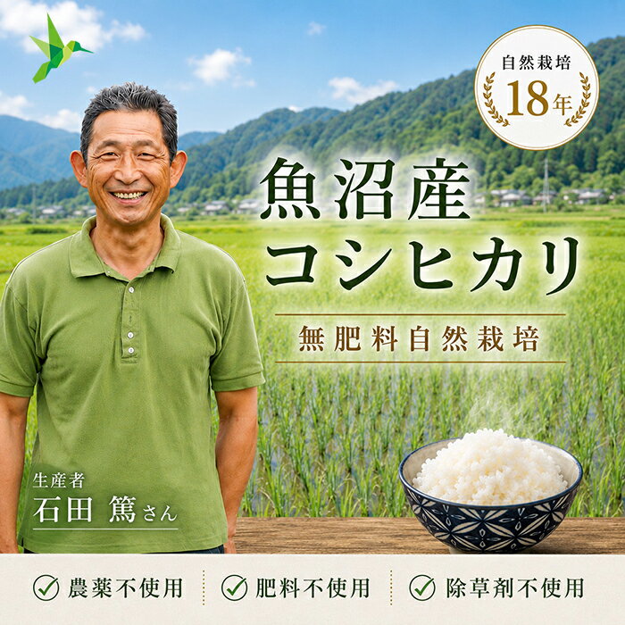 【新米 石田 魚沼産 コシヒカリ 玄米 5kg】 令和7年 産 自然農法 こしひかり 無農薬米 一等 一等米 魚沼 新潟県 産 送料無料 8dori-10000771 自然栽培の専門店ハミングバード パッケージ画像