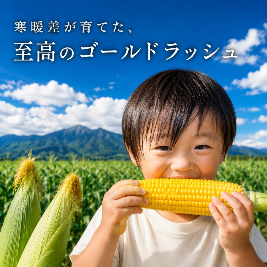 大粒で、シャキッ。 甘くて食べ応えのあるとうもろこし 八ヶ岳の麓で育った「ゴールドラッシュ」 大きくそろった粒と、薄い粒皮。 ひと口かじれば、シャキッとした歯ごたえと とうもろこしの甘みが口いっぱいに広がります。 みずみずしさだけではなく、しっかりとした食べ応えも楽しめる、 ライズフィールド自慢のとうもろこしです。 八ヶ岳育ち 八ヶ岳の麓の豊かな自然の中で、のびのびと育てました。 大粒＆薄皮 大きな粒と薄い粒皮で、シャキッとした心地よい食感。 食べ応えたっぷり 甘みだけでなく、ひと粒ひと粒をしっかり味わえる満足感。 「甘い」だけじゃない。 シャキッとした食感がクセになる。 ゴールドラッシュの魅力は、しっかりとした甘みと 大粒の実を噛みしめたときの、シャキッとした食感。 粒皮が薄いため、口当たりがよく、 噛むほどに広がるとうもろこしの風味を楽しめます。 おやつにはもちろん、食卓の一品にも。 茹でても、焼いても、電子レンジでも、 お好みの食べ方でお楽しみください。 八ヶ岳の麓から、 旬のおいしさをお届けします。 とうもろこしは、鮮度が大切な野菜です。 その時期ならではの、おいしいとうもろこしを 八ヶ岳の麓からお届けします。 ご家庭でぜひ、採れたてのおいしさをお楽しみください。八ヶ岳の麓で育てた、朝採れとうもろこし「ゴールドラッシュ」 八ヶ岳の豊かな自然と、夏でも涼しい高原の気候に育まれた、人気の定番品種「ゴールドラッシュ」。 ひと粒ひと粒にぎゅっと凝縮された、みずみずしい甘さが自慢です。 昼夜の寒暖差が生み出す濃厚な甘みと、シャキッとした食感。 採れたてだからこそ味わえる、とうもろこし本来のおいしさをお楽しみください。 旬の時期にはもちろん、9月頃までお楽しみいただけます。 八ヶ岳の大地と農家の想いが育てた、夏のごちそうをぜひご賞味ください。