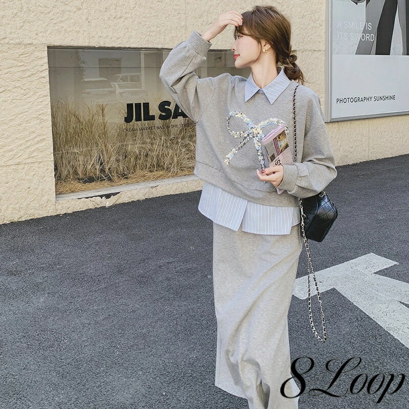 小香風三点セット｜ショート丈スウェット×ストライプベスト×スカート｜名媛風カジュアルコーデ名媛風のエレガントさとカジュアル感を両立した三点セット。 ショート丈でスタイルアップ、ストライプベストがアクセントに