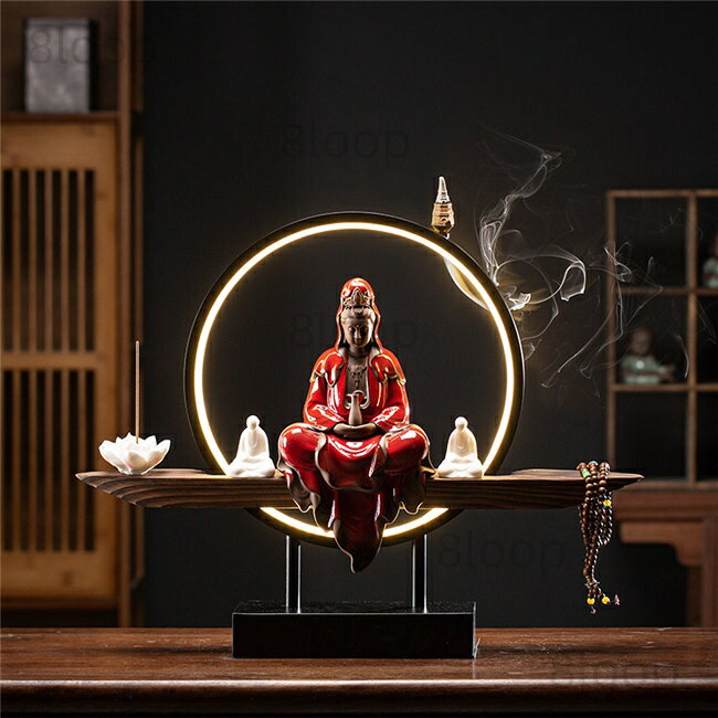 観音像 観世音菩薩 観自在菩薩 仏像 観音菩薩 LEDライト　台座　倒流香 香炉 お香...