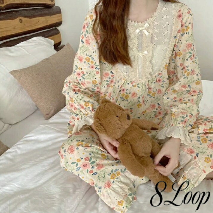 ルームウェア レディース パジャマ 上下セット 花柄 レース フリル かわいい レトロ 長袖 春 夏 寝巻き 部屋着 おしゃれ リボン フリル 甘め 薄手 裾フレア 襟なし 小花柄 おしゃれ 可愛い 個性的 パフスリーブ キュート カジュアル ガーリー ルーズ ゆったり