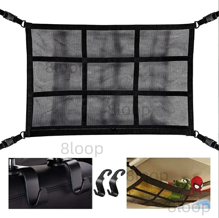 Rakuten - 車 天井 収納 ネット 80*52cm 車用 ラゲッジネット 2層ネット ジッパー付きラゲッジネット 車中泊 天井ルーフネット 落下防止 強化タイプ カー トランク収納 伸縮性強い シートフック2個付き
