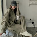 2色 セットアップ スウェット パンツ ジャージ 上下セット グリーン アプリコット ライン バイカラー フーディー ドロップショルダー フード付き スポーツウエア パーカー ズボン カッコイイ 個性的 カジュアル ラフ フロントジップ 長袖 大人可愛い シンプル おしゃれ レト