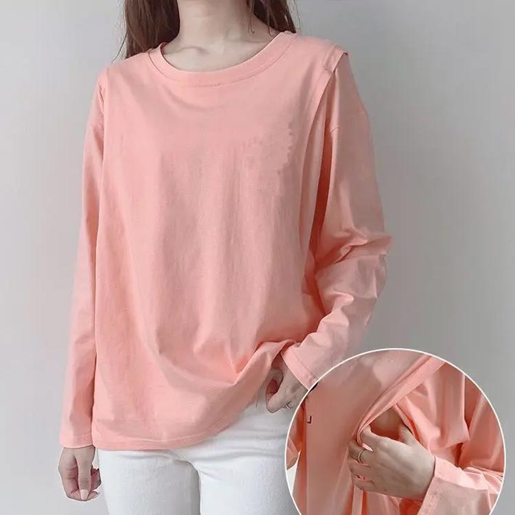 授乳口付き 授乳服 インナー トップス クルーネック 出産準備 長袖 授乳服 無地Tシ...