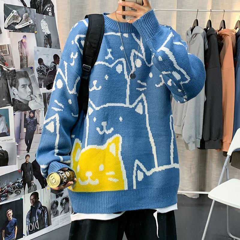 Rakuten - ニットセーター メンズレディース 長袖セーター カップル クルーネックセーター 猫柄 総柄 防寒セーター カットソー 秋冬 おしゃれ カジュアルニットトップス