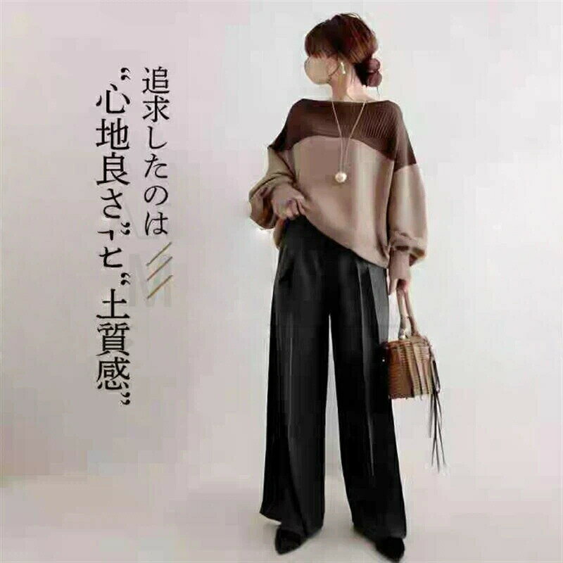 Pants Suit - セットアップ トップス プルオーバー パンツスーツ ワイドパンツ 長袖 秋冬 秋 冬 春 韓国 2点セット トレーナー 日常 切り替え 配色 無地 大人 ロング 春服 秋服 ボトムス 体型カバー 秋物 ゆったり 50代 大きいサイズ 上品 メンズ