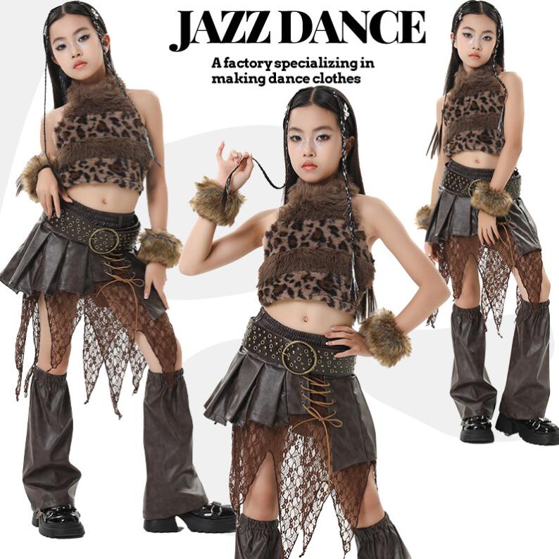 乐天商城 - 女の子 ダンス衣装 ジャズ ヒップホップ 演出服 袖なし ボア付き 豹柄 ベスト レーススプライス レザースカート レッグウォーマー ヒョウ柄 ダンス衣装 個性 モデルショー ステージ衣装 ブラウン