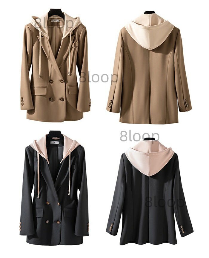 フード取り外し可能 テーラードジャケット レディース ブレザー ビジネス ジャケット トップス アウター カジュアル 重ね着風 春アウター 入園 入学 卒業式 ゆる感 長袖 上着 春服 レイヤード 春秋ジャケット 出張 通勤 無地 OL オフィス 送料無料