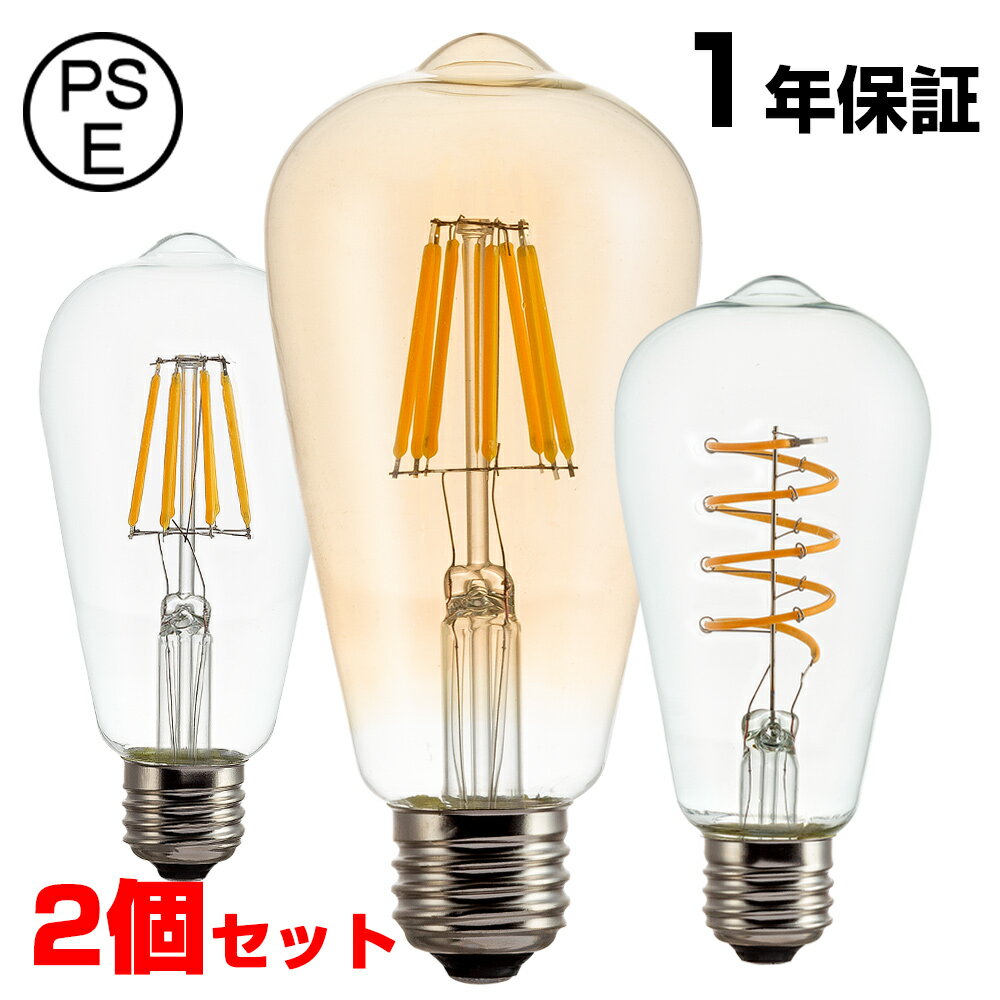 LEDエジソン電球 2個セット 60W形相当 バルブ EDISON BULB 8W 100V 口金E26 LED 照明 フィラメントLED 電球色 おしゃれ かわいい 裸電球 カフェ風インテリア 照明 レトロ