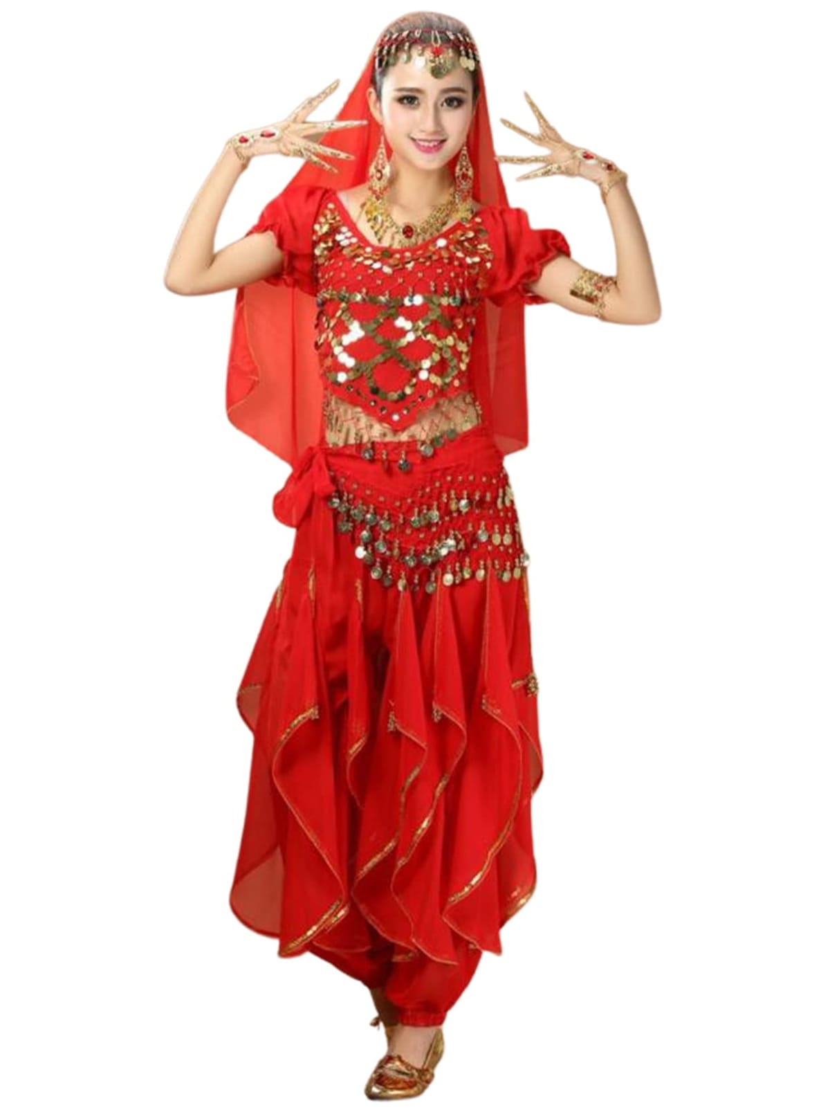 アクセサリー付きベール・トップス・アクセサリー付き腰巻スカーフ・パンツスカートの4点セットです。ハロウィンやパーティー、宴会や二次会など様々なイベントにぴったりの煌びやかなコスプレ衣装です。アクセサリー付きのキラキラした衣装で華やかさがあり、パンツとスカートのセットなのでダンスなどの動きが多い場合などに使い分けられます。【カラー】レッド・ピンク・イエロー・パープル・ブルー・ライトブルートップスは後ろで結ぶデザインなのでサイズ調整が可能です。【サイズ】・フリー(適合体重 約45kg～70kg) ・XL(適合体重 約70kg～90kg) アクセサリー付きベール・トップス・アクセサリー付き腰巻スカーフ・パンツスカートの4点セットです。 ハロウィンやパーティー、宴会や二次会など様々なイベントにぴったりの煌びやかなコスプレ衣装です。 アクセサリー付きのキラキラした衣装で華やかさがあり、パンツとスカートのセットなのでダンスなどの動きが多い場合などに使い分けられます。 【カラー】 レッド・ピンク・イエロー・パープル・ブルー・ライトブルー 【サイズ】 ・フリー(適合体重 約45kg～70kg) ・XL(適合体重 約70kg～90kg) トップスは後ろで結ぶデザインなのでサイズ調整が可能です。 ※この商品は海外生地の使用や染色製品の為、若干の色落ちが発生する場合がございますので予めご了承ください。 ※素材の特性上、サイズ表数値と商品の数値とは若干（1cm～2cm程度）の誤差が生じる場合がございます、予めご了承ください。