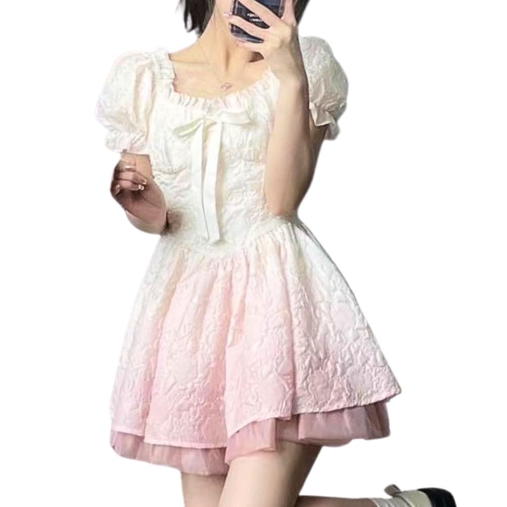 [ALVEIN] レディース ミニワンピース ロリータ ワンピース リボン フリル 姫 パフスリーブ グラデーション コスプレ メイド