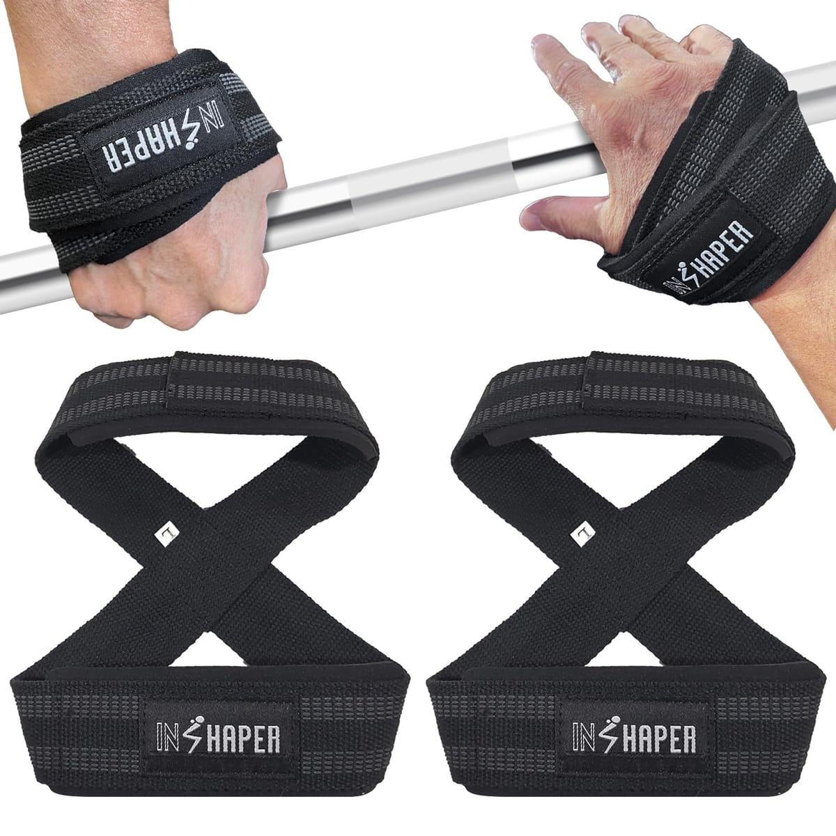 INSHAPER 3秒簡単装着 8の字 リストストラップ 手首保護パッド付 広背筋 筋トレ パワーグリップ デッドリフト チニング