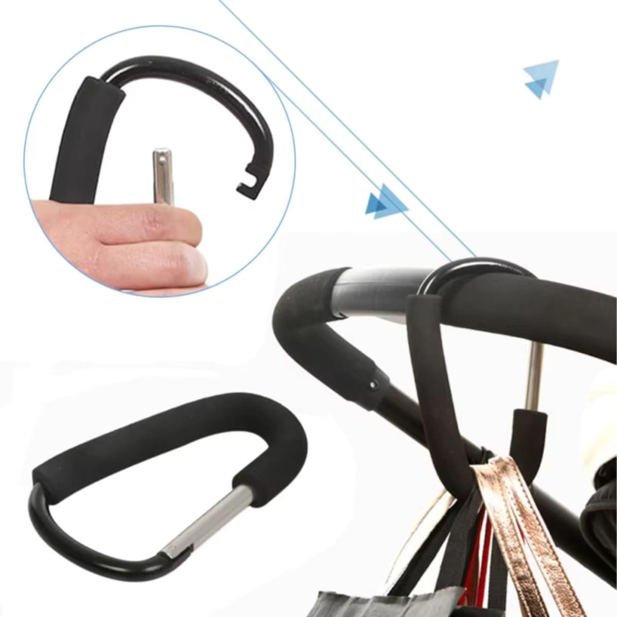 geneX ベビーカー フック 2個 カラビナ アウトドア キャンプ 万能フック マルチフック 荷物フック 滑り止め アルミ合金 軽量 大きいサイズ ベビーカー/バギー/自転車に対応 3