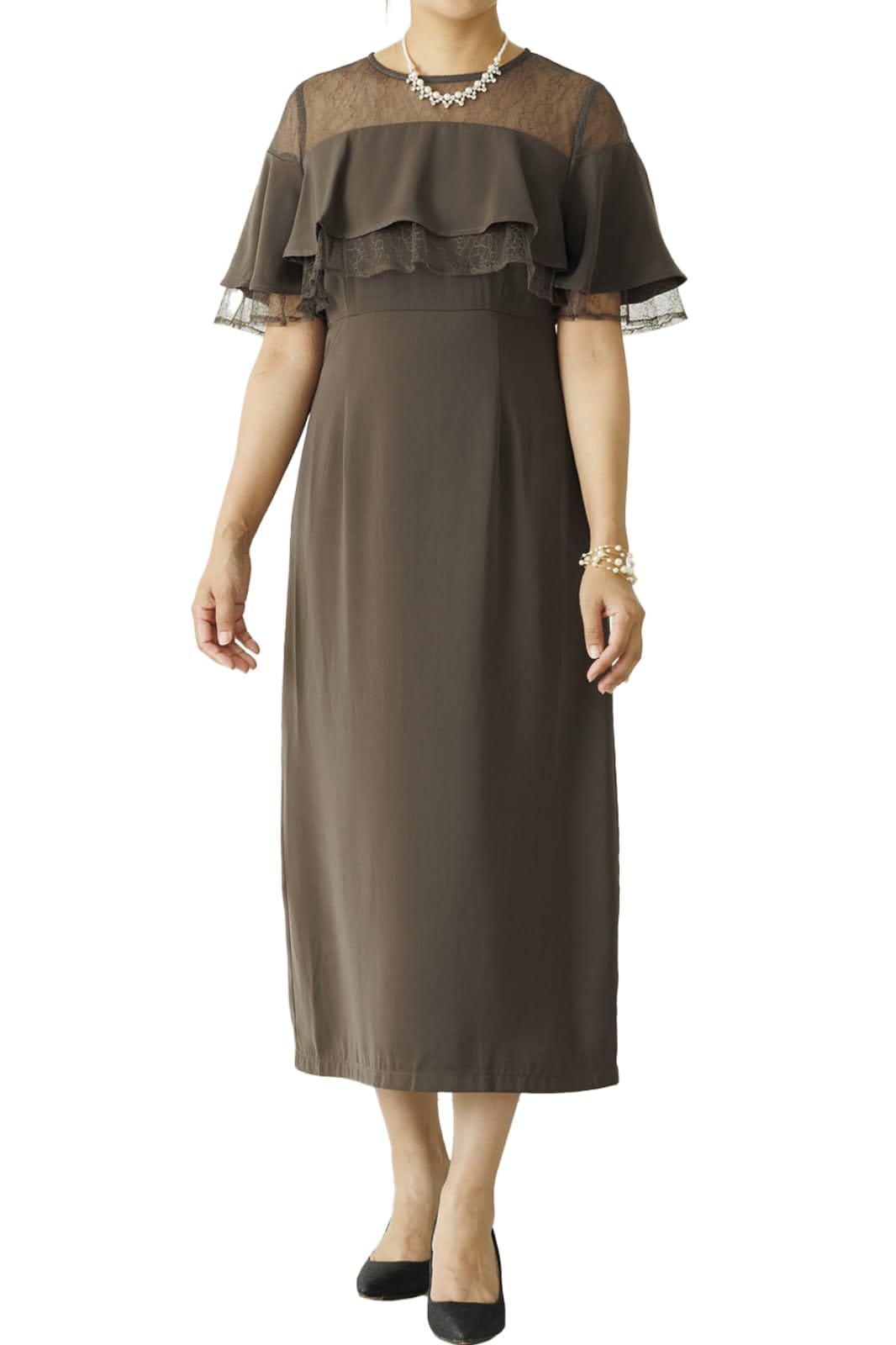 [MORE AUNI] パーティー ドレス 結婚式 オフショル風 レース フレア フリル セミ タイト ワンピース 2次会 1.5次会 お呼ばれ 77000043