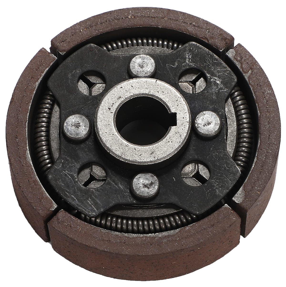 【製品仕様】内容：遠心クラッチ本体×1 / タイプ：4つ爪、キー溝仕様 / サイズ：直径約76mm、軸径15mm-15mm、シュー幅約19mm / 重量：約419g ※輸入品のため、実用上問題のない多少の色ムラやスレがある場合がございます。【安心の互換設計】オーレック、イセキ、アグリップ、共立などのスパイダーモアー（SP850/AZ850シリーズ等）に適合する汎用の社外互換品です。【適応機種】SP850、SP850A、SP850B、AZ850、AZ850A、AZ850B、ロビンエンジンEC08DC等に対応。※必ず事前にお手持ちの機器のサイズや形状（キー溝タイプ、軸径15mm）をご確認の上、ご購入ください。【不具合の改善に】「アイドリング状態でも刃が動いてしまう」「エンジンの回転が伝わらない」「低速でエンストする」といった、クラッチの摩耗やスプリング劣化による農機具のトラブルを解消します。【作業効率の大幅アップ】新しいクラッチに交換することで、エンジン回転に合わせたスムーズな動力伝達が可能になります。草刈り時のパワーロスや空転を防ぎ、快適な動作環境を取り戻します。 【製品仕様】 スタイル：4つ爪・キー溝タイプ 直径：約76mm 軸径：15mm - 15mm 幅：約19mm 重量：約419g （※社外互換品です） スパイダーモアー対応の 交換用遠心クラッチです。 「アイドリングで刃が動く」 「回転がうまく伝わらない」 「低速時にエンストする」 などの症状が出た場合は クラッチ不良のサインです。 本品に交換することで 空転やパワーロスを防ぎ 作業効率が大幅にアップ。 安全で安定した草刈りを 強力にサポートします。 【適応機種】 SP850 / SP850A / SP850B AZ850 / AZ850A / AZ850B ロビンエンジンEC08DC等 【安心の品質保証】 こちらの商品は一つひとつ丁寧に検品しておりますが、 稀に輸送時の傷や汚れがある場合がございます。 使用上問題はございませんので、あらかじめご了承ください。 万が一、商品に不具合や初期不良があった場合には、 必ず受け取り評価前にご報告ください。 速やかに返品・返金、または交換等、 適切に対応させていただきますのでご安心ください。