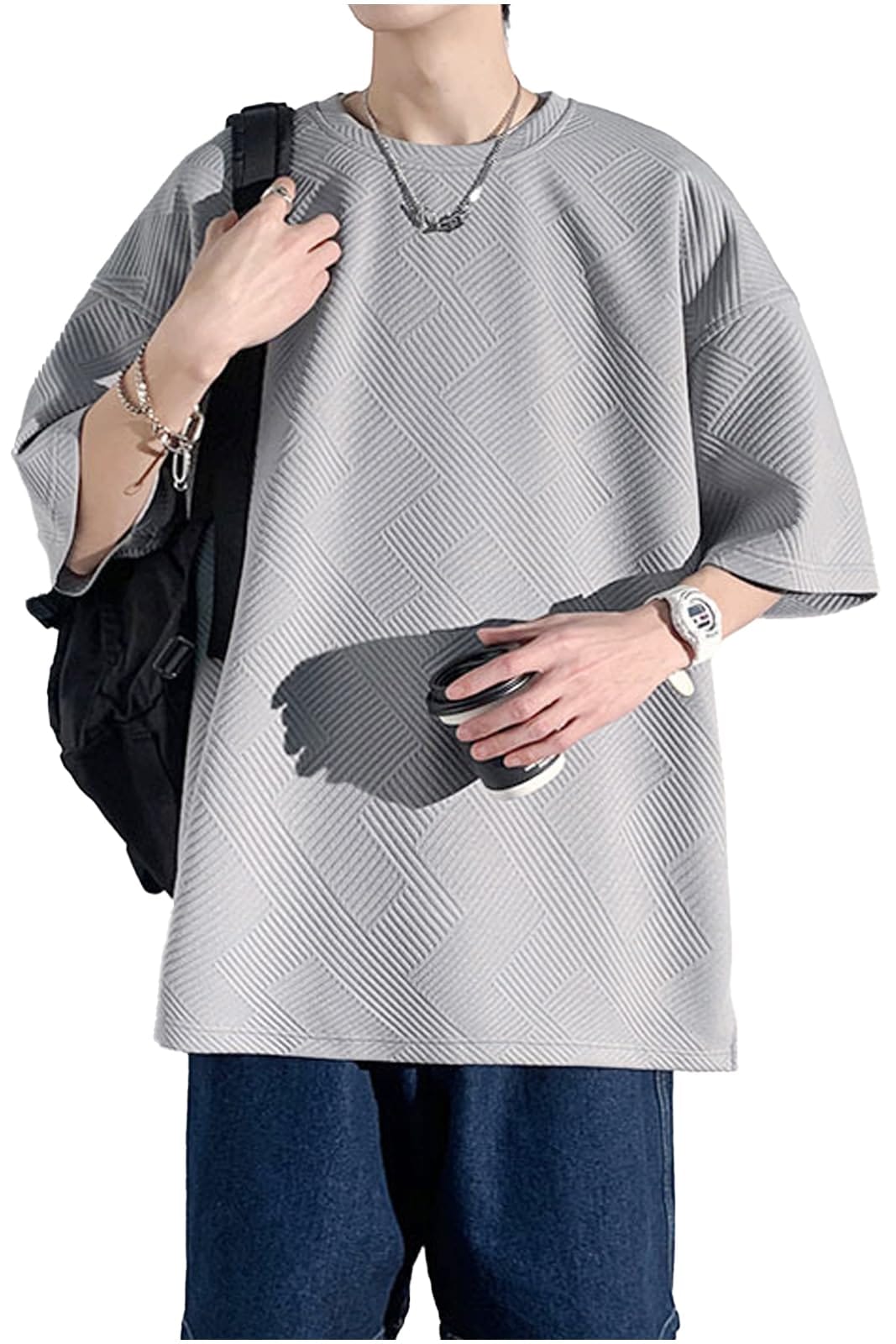 [ゴスファング] Tシャツ メンズ 半袖 夏服 柄入り シンプル Uネック ラウンドネック カジュアル オーバーサイズ きれいめ