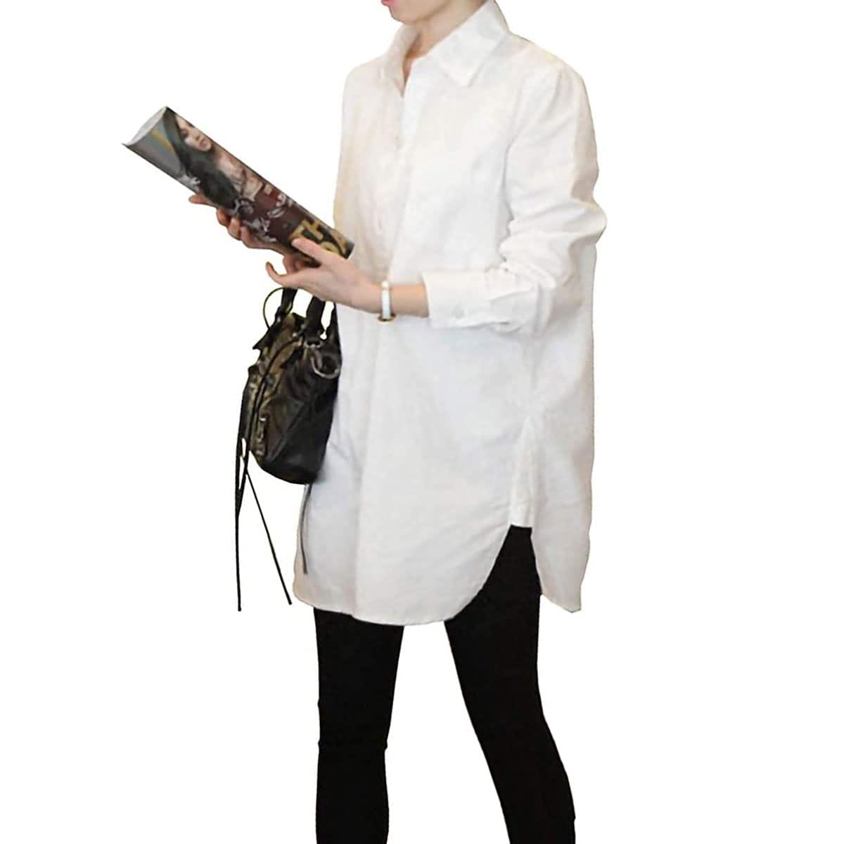 [SLOW＆MELLOW] ロング シャツ 長袖 レディース シンプル 無地 チュニック 丈 ブラウス 白 ホワイト シ..