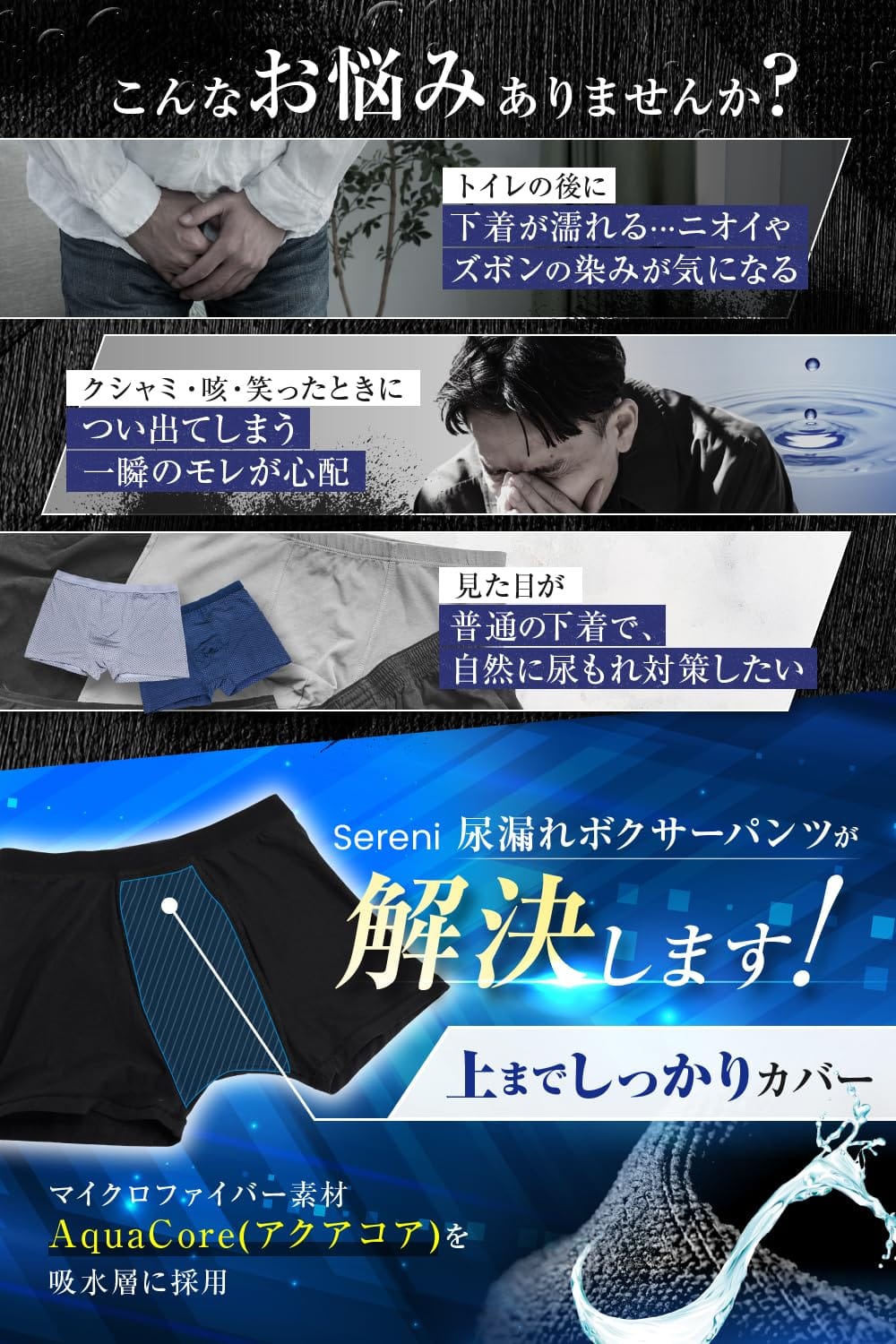 【皮膚科医監修】 失禁パンツ男性用 20ml対応 ボクサーパンツ 尿漏れ 尿漏れ防止 吸水パンツ 防水 消臭 抗菌 【自然なシルエット】 セレーニ 3枚セット (ネイビー XL)