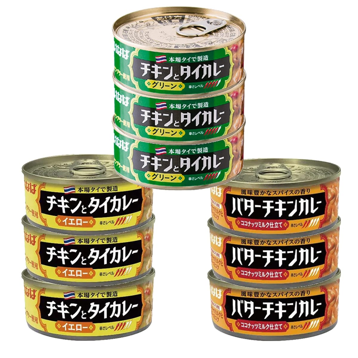 いなば カレーシリーズ チキンとタイカレー（グリーン）、チキンとタイカレー（イエロー）、バターチキンカレー 【3種アソート】 各3個セット 115グラム (x 9)