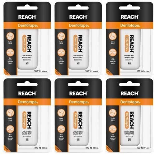 100 yards of Reach Dentotape, an unflavored, waxed dental floss with an extra-wide cleaning surface specifically designed for wide spaced teeth dental floss